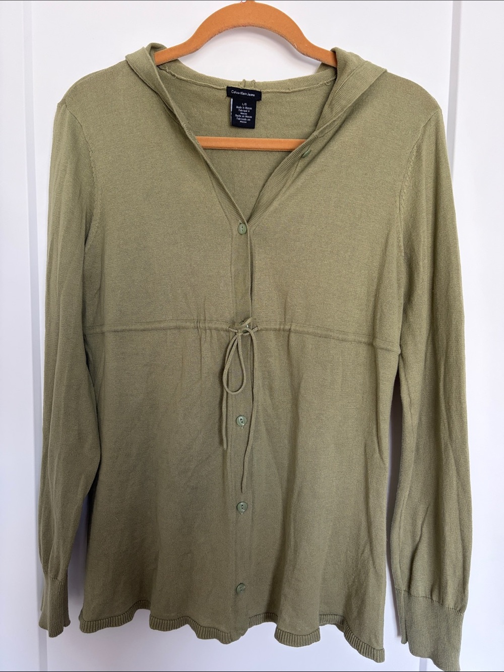 Calvin Klein Olive Green Hooded Button-Front Knit Top